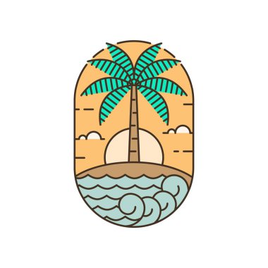 Ada ve dalga tekeli ya da çizgi sanat tarzı, ada, deniz, hindistan cevizi ağaçları, gökyüzü bulutları vektör çizimi