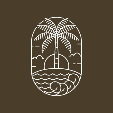 Ada ve dalga tekeli ya da çizgi sanat tarzı, ada, deniz, hindistan cevizi ağaçları, gökyüzü bulutları vektör çizimi