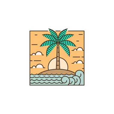 Ada ve dalga tekeli ya da çizgi sanat tarzı, ada, deniz, hindistan cevizi ağaçları, gökyüzü bulutları vektör çizimi