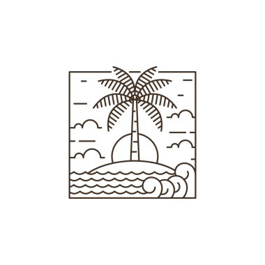 Ada ve dalga tekeli ya da çizgi sanat tarzı, ada, deniz, hindistan cevizi ağaçları, gökyüzü bulutları vektör çizimi