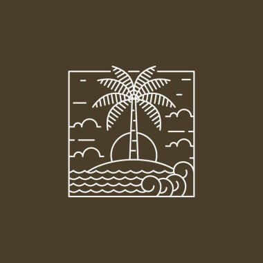 Ada ve dalga tekeli ya da çizgi sanat tarzı, ada, deniz, hindistan cevizi ağaçları, gökyüzü bulutları vektör çizimi