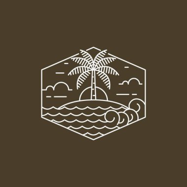 Ada ve dalga tekeli ya da çizgi sanat tarzı, ada, deniz, hindistan cevizi ağaçları, gökyüzü bulutları vektör çizimi