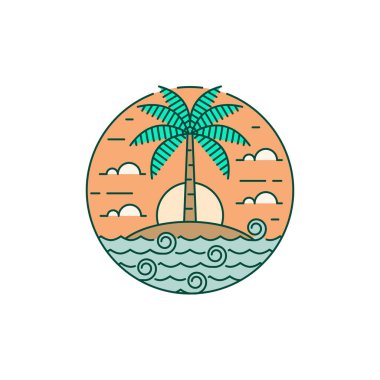 Ada ve dalga tekeli ya da çizgi sanat tarzı, ada, deniz, hindistan cevizi ağaçları, gökyüzü bulutları vektör çizimi