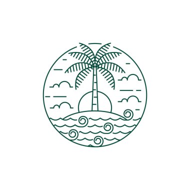 Ada ve dalga tekeli ya da çizgi sanat tarzı, ada, deniz, hindistan cevizi ağaçları, gökyüzü bulutları vektör çizimi