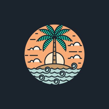 Ada ve dalga tekeli ya da çizgi sanat tarzı, ada, deniz, hindistan cevizi ağaçları, gökyüzü bulutları vektör çizimi