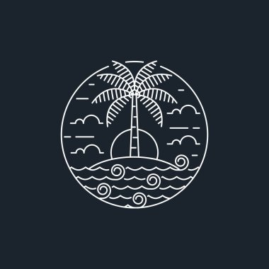 Ada ve dalga tekeli ya da çizgi sanat tarzı, ada, deniz, hindistan cevizi ağaçları, gökyüzü bulutları vektör çizimi