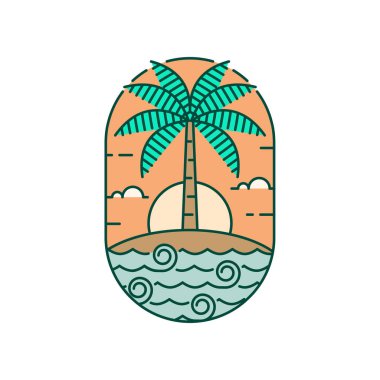 Ada ve dalga tekeli ya da çizgi sanat tarzı, ada, deniz, hindistan cevizi ağaçları, gökyüzü bulutları vektör çizimi