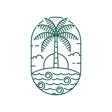 Ada ve dalga tekeli ya da çizgi sanat tarzı, ada, deniz, hindistan cevizi ağaçları, gökyüzü bulutları vektör çizimi