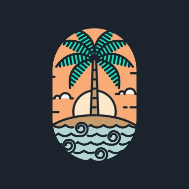 Ada ve dalga tekeli ya da çizgi sanat tarzı, ada, deniz, hindistan cevizi ağaçları, gökyüzü bulutları vektör çizimi