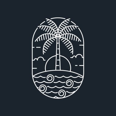 Ada ve dalga tekeli ya da çizgi sanat tarzı, ada, deniz, hindistan cevizi ağaçları, gökyüzü bulutları vektör çizimi