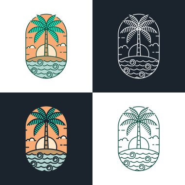 Ada ve dalga tekeli ya da çizgi sanat tarzı, ada, deniz, hindistan cevizi ağaçları, gökyüzü bulutları vektör çizimi