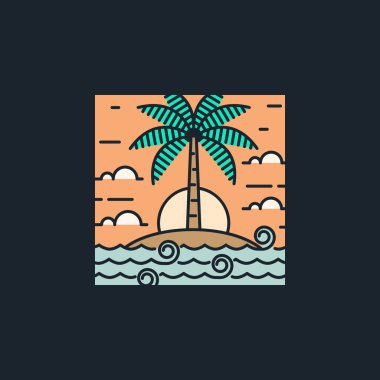 Ada ve dalga tekeli ya da çizgi sanat tarzı, ada, deniz, hindistan cevizi ağaçları, gökyüzü bulutları vektör çizimi