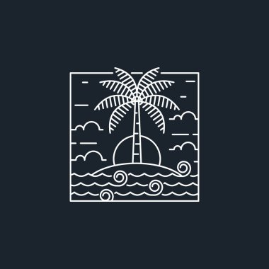 Ada ve dalga tekeli ya da çizgi sanat tarzı, ada, deniz, hindistan cevizi ağaçları, gökyüzü bulutları vektör çizimi