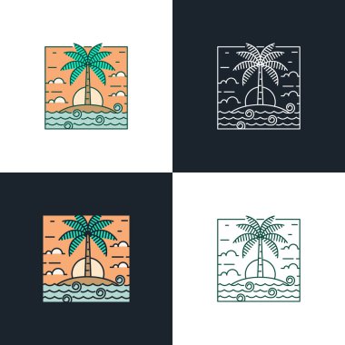 Ada ve dalga tekeli ya da çizgi sanat tarzı, ada, deniz, hindistan cevizi ağaçları, gökyüzü bulutları vektör çizimi