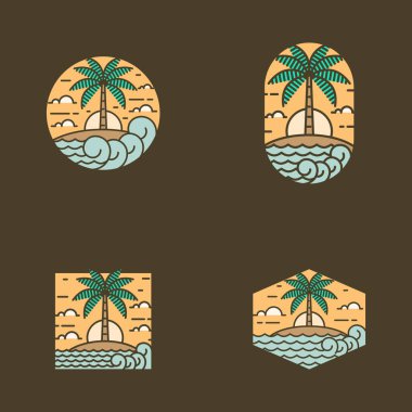 Ada ve dalga tekeli ya da çizgi sanat tarzı, ada, deniz, hindistan cevizi ağaçları, gökyüzü bulutları vektör çizimi