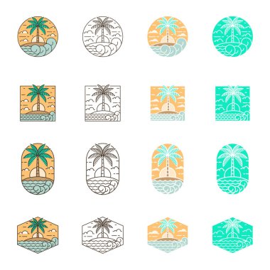 Ada ve dalga tekeli ya da çizgi sanat tarzı, ada, deniz, hindistan cevizi ağaçları, gökyüzü bulutları vektör çizimi