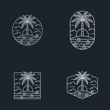 Ada ve dalga tekeli ya da çizgi sanat tarzı, ada, deniz, hindistan cevizi ağaçları, gökyüzü bulutları vektör çizimi