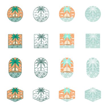 Ada ve dalga tekeli ya da çizgi sanat tarzı, ada, deniz, hindistan cevizi ağaçları, gökyüzü bulutları vektör çizimi