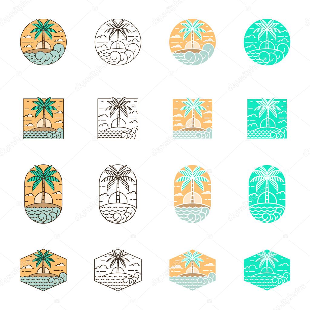 Island and wave monoline or line art style, island, sea, coconut trees, sky clouds vector design illustration