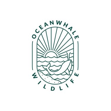 Plaj ve balina monolini veya çizgi sanat stili, plaj, deniz, hindistan cevizi ağaçları, güneş, balina vektör tasarımı illüstrasyonu