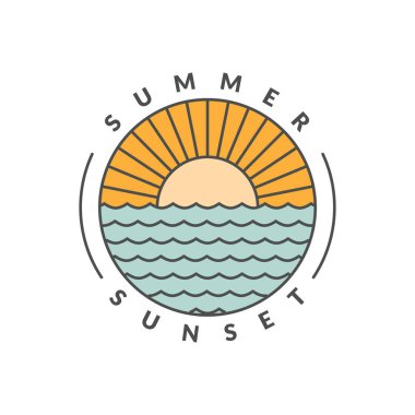 Sunset Beach Monoline veya Line Art style vektörünün gösterimi