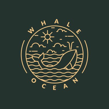 Okyanus ve balina monolini veya çizgi sanatı vektörünün gösterimi