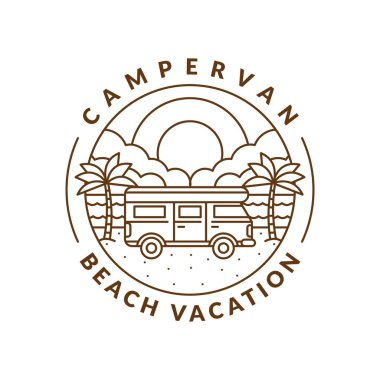 plaj ve karavan rozet monolini veya çizgi çizgisi resim çizimi