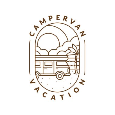 plaj ve karavan rozet monolini veya çizgi çizgisi resim çizimi