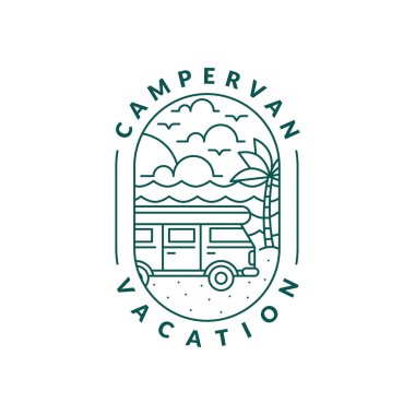 plaj ve karavan rozet monolini veya çizgi çizgisi resim çizimi