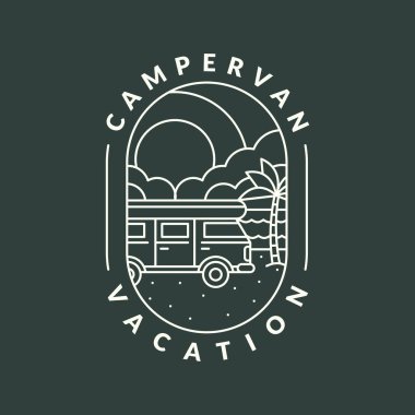 plaj ve karavan rozet monolini veya çizgi çizgisi resim çizimi