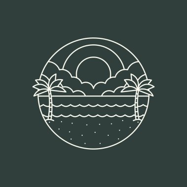 Sunset Beach Monoline veya Line Art style vektörünün gösterimi