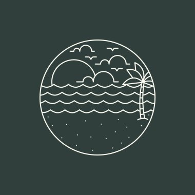 Sunset Beach Monoline veya Line Art style vektörünün gösterimi