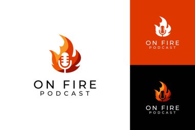 Yangın podcast logo tasarım şablonu, yangın ve mikrofon kavramı