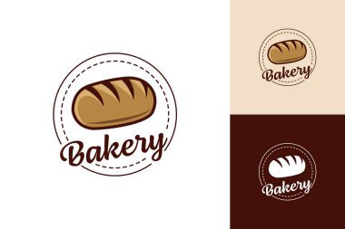 Buğday yapraklarının üzerinde ekmek somunu olan fırın logosu. Logo kahverengi ve beyaz renklerde.