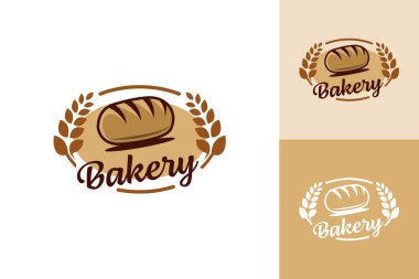 Buğday yapraklarının üzerinde ekmek somunu olan fırın logosu. Logo kahverengi ve beyaz renklerde.