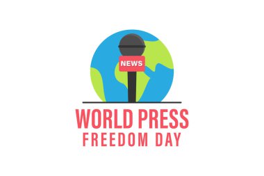 Dünya Basın Özgürlüğü Günü 'nde mikrofon ve dünya. Gazetecilik, haber yayıncılığı, küresel medya, haberleşme, basın özgürlüğüne uygun.