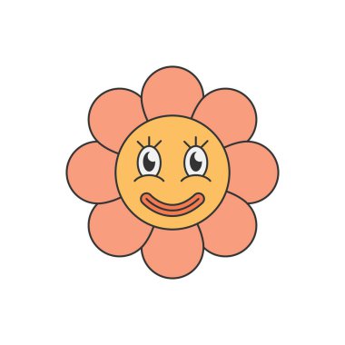 Gülümseyen, yaz temalı tasarımlar ve tuhaf çiçek kavramları için mükemmel bir geçmişe dönük çiçek karakteri..