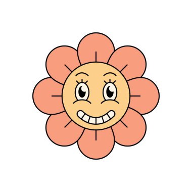 Büyük gülüşlü, yaz temalı tasarımlar ve tuhaf çiçek kavramları için mükemmel bir geçmişe dönük çiçek karakteri..