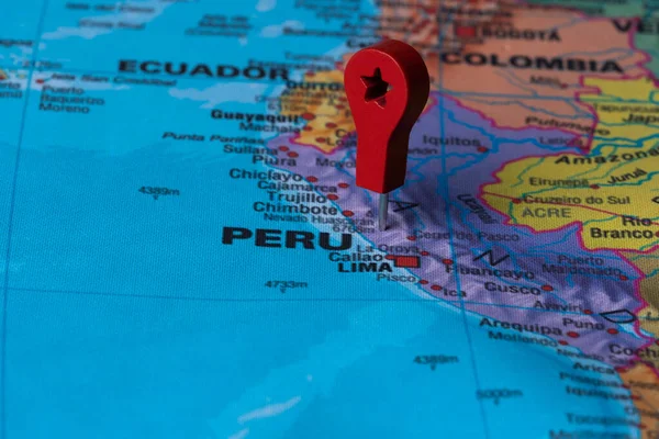 Red pin, point on the map of Peru. Concept travel background