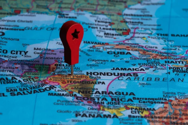 Spilla Rossa Punta Sulla Mappa Dell Honduras Concetto Viaggio Sfondo — Foto Stock