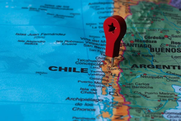 Red pin, point on the map of Chile. Concept travel background