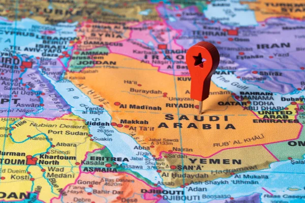 Red pin, point on the map of Saudi arabia. Concept travel background