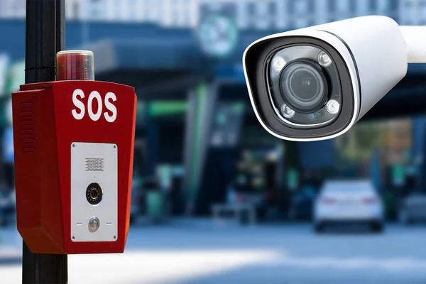 Närbild Säkerhet Cctv Kamera Eller Övervakningssystem Bensinstation — Stockfoto