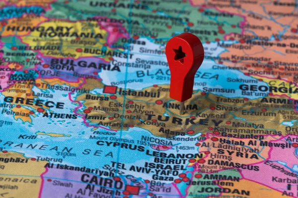 Red pin, point on the map of Turkey. Concept travel background
