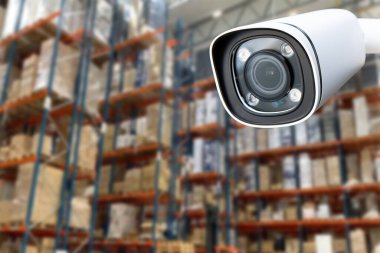 CCTV Camera Operating inside warehouse or factory. Copy space