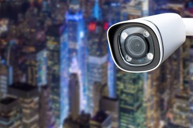 Cctv kontrolü, güvenlik kameraları. Zemin alacakaranlık sırasında şehrin manzarası ile