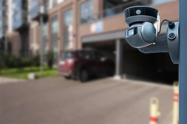 Closeup Cctv Camera Monitoring Cars Park Automated Car Parking System - Stock-foto