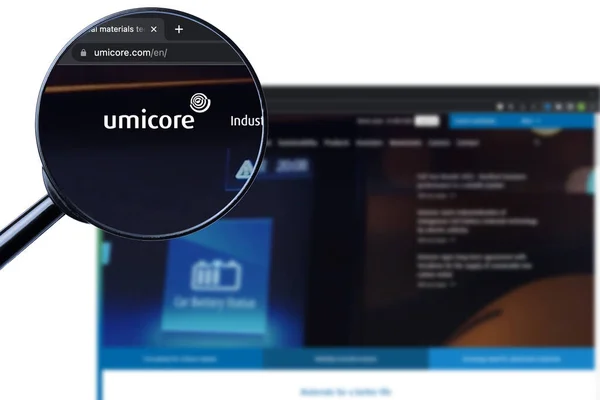 stock image Los Angeles, California, USA - 9 March 2023: Illustrative Editorial, Umicore website homepage. Umicore logo visible on display screen