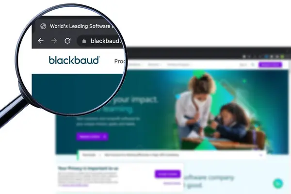 stock image Los Angeles, California, USA - 9 Martha 2023: Blackbaud Inc website homepage. Blackbaud Inc logo visible on display screen