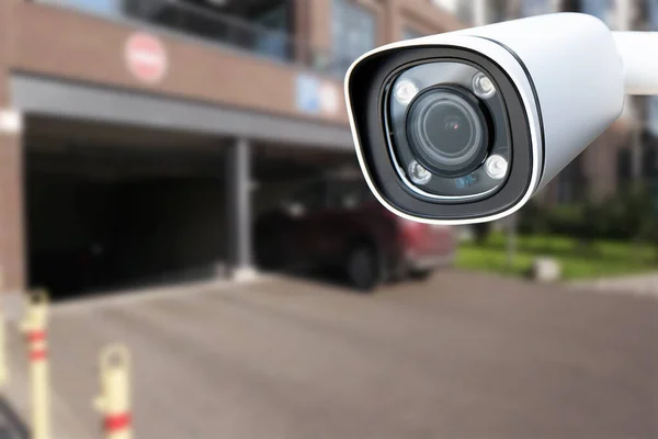 Closeup Cctv Camera Monitoring Cars Park Automated Car Parking System — Foto de Stock